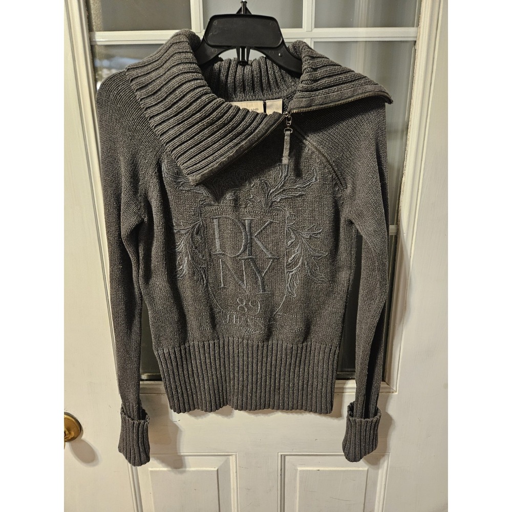 DKNY Vintage Y2K Sweater Womens Small Gray Side Zip Turtleneck Chunky Knit Logo